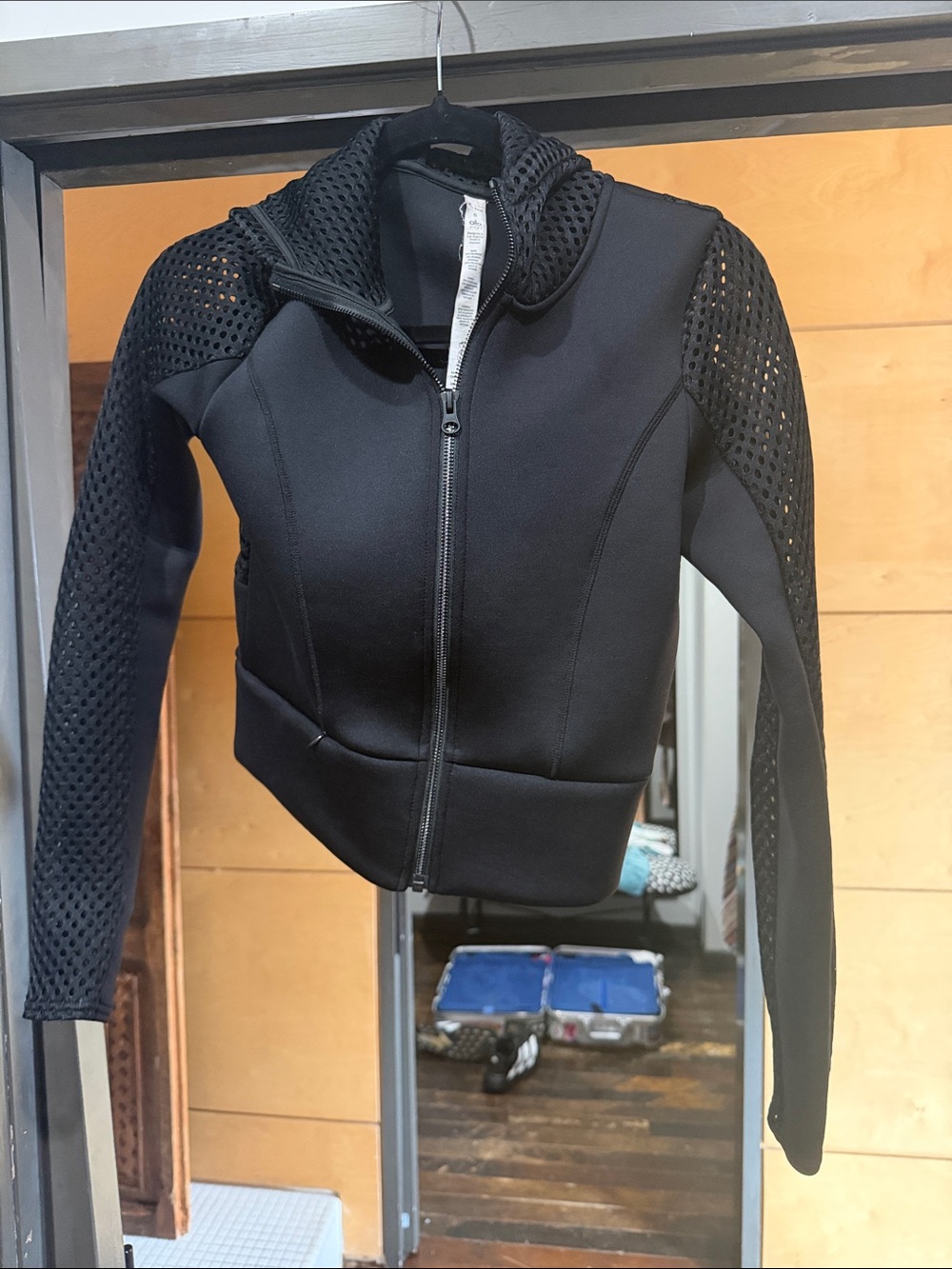 Black Mesh-Sleeve Hooded Zip Bomber Jacket - Women. Basically vintage Alo